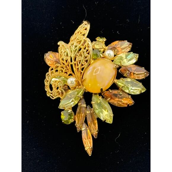 Vintage Signed Hobe Amber and Multi-Colored 1960's Brooch - Picture 1 of 3